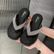 Fashionable Herringbone Slippers For Women 2023 New Thick Summer Wear Diamond - Fashion | Women's Footwear |