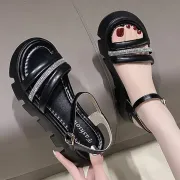 Sequin Decorative Sandals Chunky Women's Fashion All-match Platform Gladiator Mid-hell Open-toe One-Line Buckle Sandals