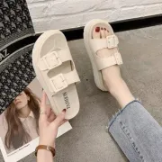Newly Women Flat Sandals PU Footbed Casual Wedges Slip On Slides Slippers Shoes Thick Soft Sole - Fashion |