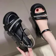Sequin Decorative Sandals Chunky Women's Fashion All-match Platform Gladiator Mid-hell Open-toe One-Line Buckle Sandals