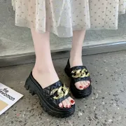 Luxurious 9cm / 3.5 Inch Height Wedge Slippers Fashion Outdoor Wear Thick Bottom Platform Slides Comfortable Sandals