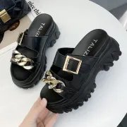 2023 Summer New Metal Chain Slippers Fashion Leather Open Toe Anti-Slip Dress Platform Slippers Comfort Slip On Beach Flip Flops