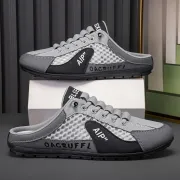 Men's Summer Breathable Mesh Half-Slippers One-Legged Outdoor Soft-Soled Casual Beanie Shoes Versatile Slip-On Closure