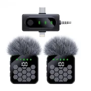 QY66 Dual Noise‑Cancelling Wireless Microphone LED Display 3‑in‑1 Receiver (iPhone / Type‑C / Camera)