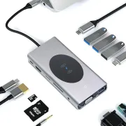 Docking Station USB C Hub 13‑in‑1 With Wireless Charging Station, USB C to HDMI, Ethernet, VGA, 5 USB and SD/TF 3.5mm Audio