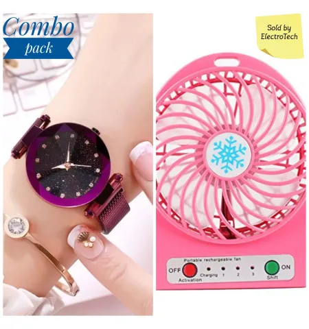 Trendy Magnetic Fashionable Luxury Stainless Steel Watch And Mini Fan.