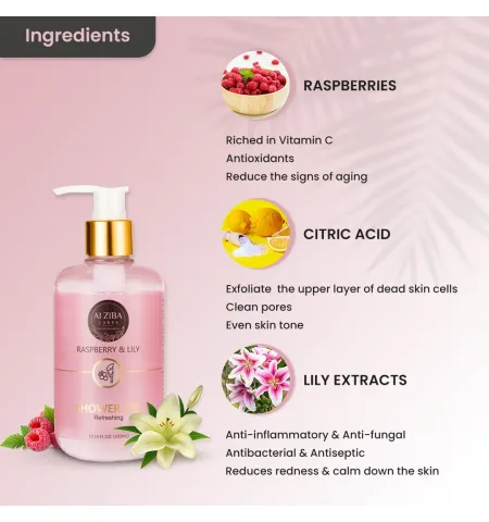ALZIBA Cares Raspberry & Lily Refreshing Shower Gel Body Wash - 300 ML