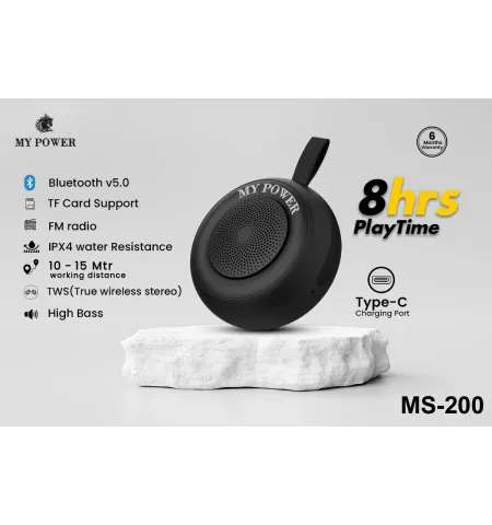 MyPower MS200 Portable Bluetooth speaker, Waterproof Speaker, High Sound Quality, Small size Black Color Speaker MS200