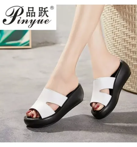 Hollow Out Wedges Platform Sandals Genuine Leather Slip on Peep Toe For Women's - Fashion | Women's Footwear |