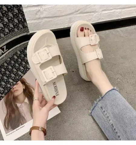 Newly Women Flat Sandals PU Footbed Casual Wedges Slip On Slides Slippers Shoes Thick Soft Sole - Fashion |