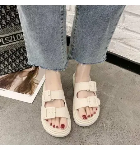 Newly Women Flat Sandals PU Footbed Casual Wedges Slip On Slides Slippers Shoes Thick Soft Sole - Fashion |