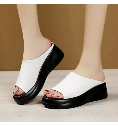 Summer Women's Thick Bottom Slippers New Fashion Black White PU Leather Platform Sandals Women Peep Toe Slides