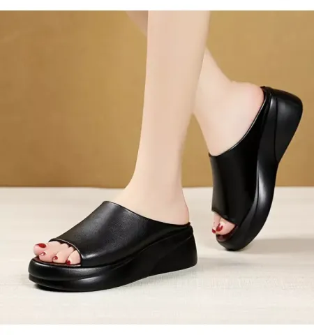 Summer Women's Thick Bottom Slippers New Fashion Black White PU Leather Platform Sandals Women Peep Toe Slides