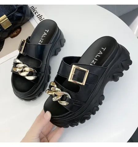 2023 Summer New Metal Chain Slippers Fashion Leather Open Toe Anti-Slip Dress Platform Slippers Comfort Slip On Beach Flip Flops