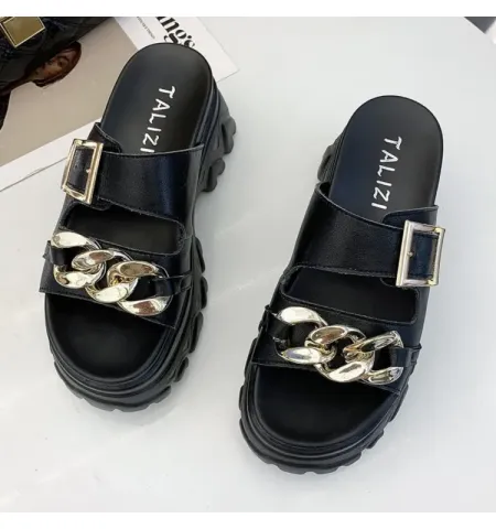 2023 Summer New Metal Chain Slippers Fashion Leather Open Toe Anti-Slip Dress Platform Slippers Comfort Slip On Beach Flip Flops