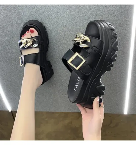 2023 Summer New Metal Chain Slippers Fashion Leather Open Toe Anti-Slip Dress Platform Slippers Comfort Slip On Beach Flip Flops