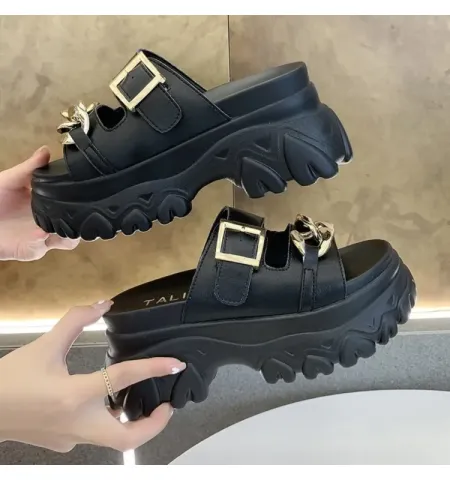 2023 Summer New Metal Chain Slippers Fashion Leather Open Toe Anti-Slip Dress Platform Slippers Comfort Slip On Beach Flip Flops