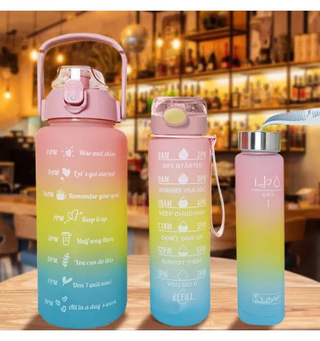 3 in 1 Motivational Sports large capacity Water Bottles (2000ml-900ml-280ml) Lock Feature & Top Lid with Times Drink for Office/Home/Sports/outdoor