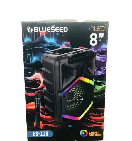 BlueSpeed BS-118 Wireless Speaker with LED Lights, Wireless Mic, USB & Memory Card Support