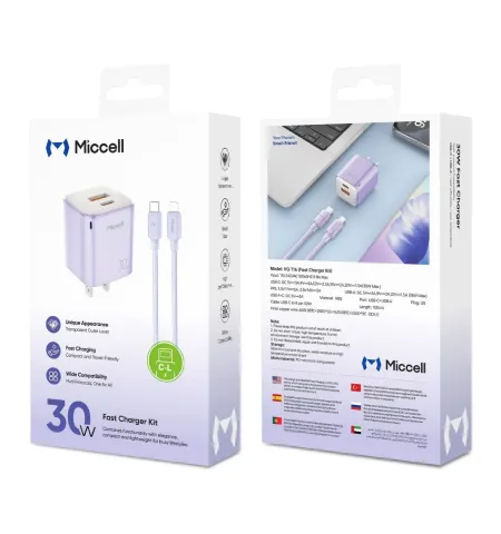 MICCELL 30W Charging Kit | USB-C Fast Charger + Type-C to Type-C Cable | PD Fast Charging | Universal 110–240V | Travel-Ready