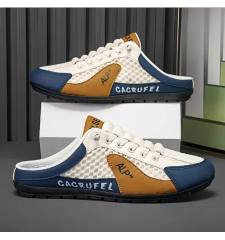 Men's Summer Breathable Mesh Half-Slippers One-Legged Outdoor Soft-Soled Casual Beanie Shoes Versatile Slip-On Closure