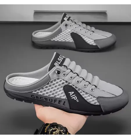 Men's Summer Breathable Mesh Half-Slippers One-Legged Outdoor Soft-Soled Casual Beanie Shoes Versatile Slip-On Closure