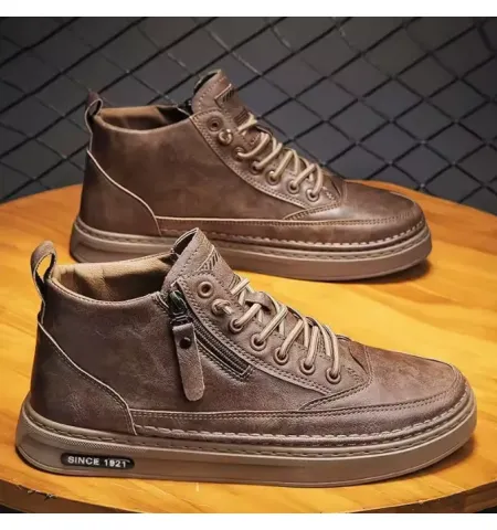 Upper Lace up Zipper Men's Black Flat Platform Walking Shoes Sneakers for Man