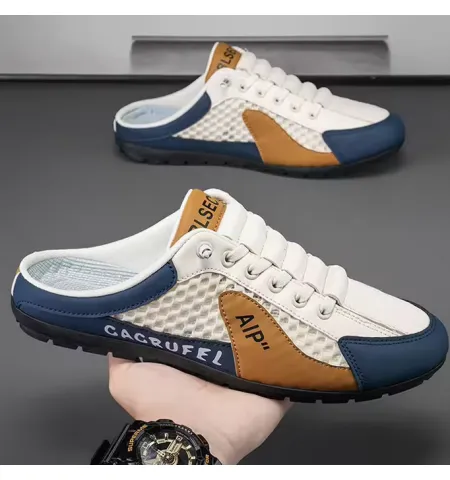 Men's Summer Breathable Mesh Half-Slippers One-Legged Outdoor Soft-Soled Casual Beanie Shoes Versatile Slip-On Closure