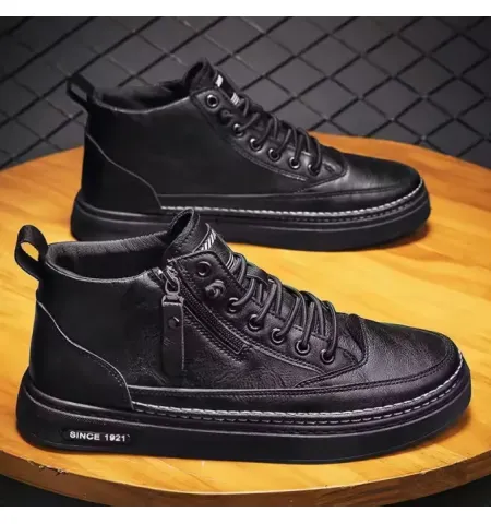 Upper Lace up Zipper Men's Black Flat Platform Walking Shoes Sneakers for Man