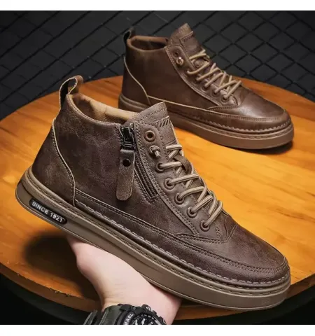 Upper Lace up Zipper Men's Black Flat Platform Walking Shoes Sneakers for Man