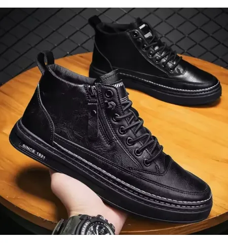 Upper Lace up Zipper Men's Black Flat Platform Walking Shoes Sneakers for Man