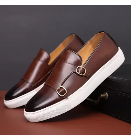 Men's Leather Shoes Men Loafers Mens Slip-on Outdoor Flats Monk Shoes ﻿