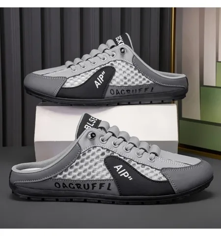 Men's Summer Breathable Mesh Half-Slippers One-Legged Outdoor Soft-Soled Casual Beanie Shoes Versatile Slip-On Closure