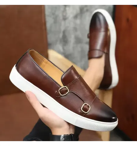 Men's Leather Shoes Men Loafers Mens Slip-on Outdoor Flats Monk Shoes ﻿