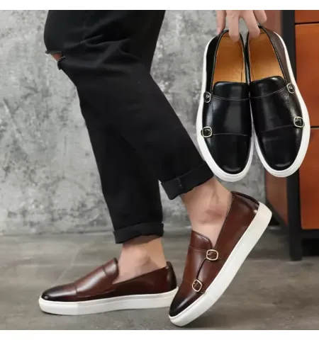 Men's Leather Shoes Men Loafers Mens Slip-on Outdoor Flats Monk Shoes ﻿