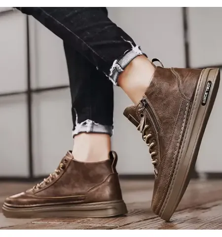 Upper Lace up Zipper Men's Black Flat Platform Walking Shoes Sneakers for Man
