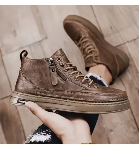 Upper Lace up Zipper Men's Black Flat Platform Walking Shoes Sneakers for Man