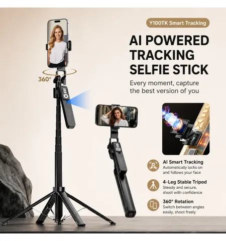Y100 TK AI Face Tracking Selfie Stick Tripod | 360° Smart Auto Tracking Vlogging Stand with LED Fill Light