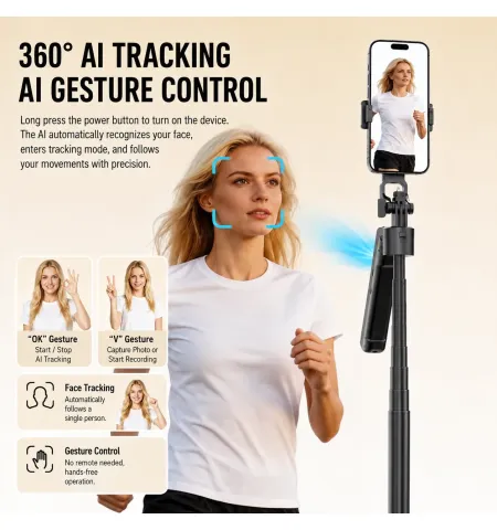 Y100 TK AI Face Tracking Selfie Stick Tripod | 360° Smart Auto Tracking Vlogging Stand with LED Fill Light