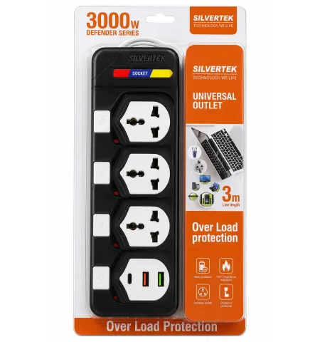​SILVERTEK 3000W Universal Power Strip with USB & Type-C | 4 Universal Sockets | Individual Switches | 3M Cable | Overload Protection