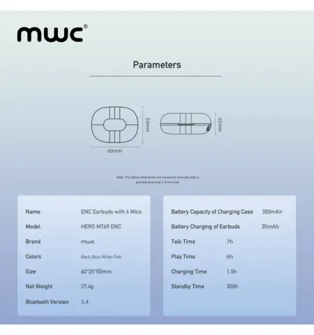 MWC Hero MT69 ENC AI Bluetooth 5.4 Gaming TWS EarbudsIPX6 Water Resistant 40H Playback