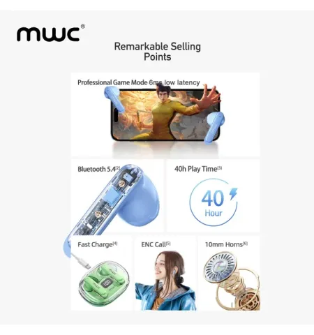 MWC Hero MT69 ENC AI Bluetooth 5.4 Gaming TWS EarbudsIPX6 Water Resistant 40H Playback