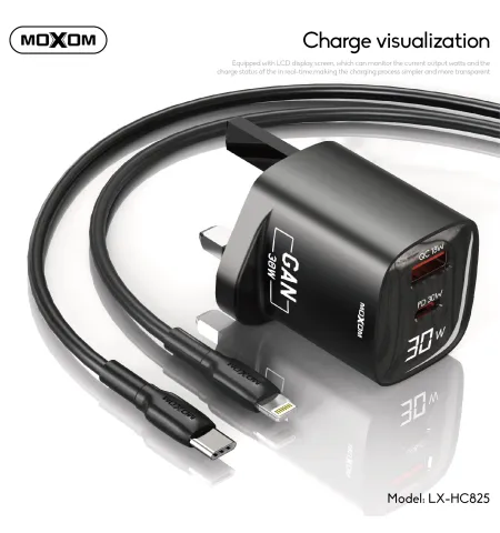MOXOM LX HC825 30W Dual Port USB C & USB-A Fast GaN Charger With LCD Screen