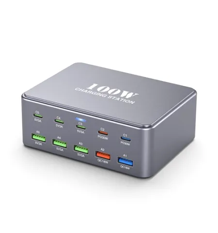 HW33 100W Type-C + USB 10 Port Desktop Fast Charger