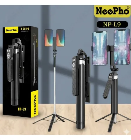 NeePho NP L9 Dual Phone Holder Selfie Tripod Universal 2 Clip Adjustable Selfie Stick 1.85 Meter