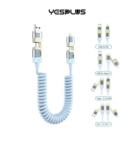 Yesplus YS-882 Spring 4 In 1 Fast Charging Data Cable (240W Quick Charge, USB Type-C & Lightning Spiral)
