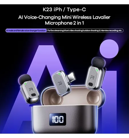 REMAX K23 AI Voice Changing Mini Wireless Lavalier Microphone 2-in-1 Set Type-C Interface