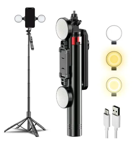 P185K 6ft Quadpod Selfie Stick Tripod With Dual Ring Lights & Bluetooth Remote