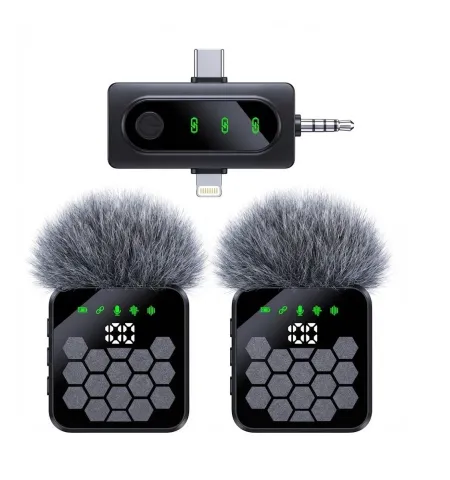 QY66 Dual Noise‑Cancelling Wireless Microphone LED Display 3‑in‑1 Receiver (iPhone / Type‑C / Camera)