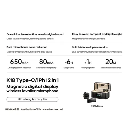 Remax K18 Dual Noise Cancel Wireless Microphone For iPhone And Android